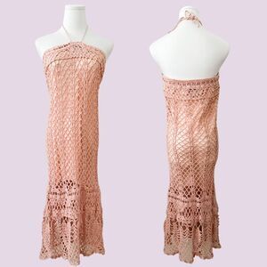James Coviello Y2K Crochet Knit Halter Dress Small Pink Boho Beachy Coquette